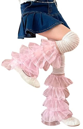 Women Y2k Ruffle Lace Leg Warmers Boot Cuffs Covers Elastic Socks Harajuku Aesthetic Streetwear (B-White Pink, One Size)