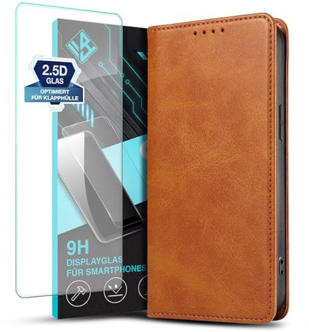 LBH Handyhülle Smartphone-Hülle für Apple iPhone 11 Pro Max mit Displayglas Klapphülle Magnetverschluss Kartenfächer Geldfach Standfunktion Case Etui Rundumschutz Schutzhülle Hellbraun