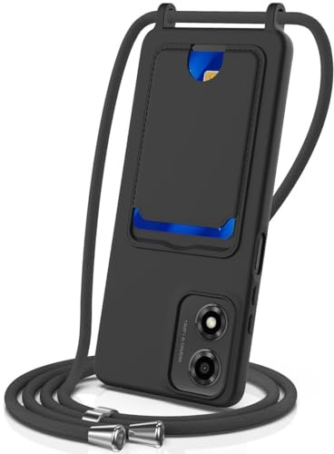 Coque pour Moto G04/G04S/G24/E14 avec Cordon, Etui avec Collier - Tour de Cou Lanière en Corde - Silicone Housse avec Réglable Chaine pour Moto G04/G04S/G24/E14,Bandouliere,Porte Cartes-Noir