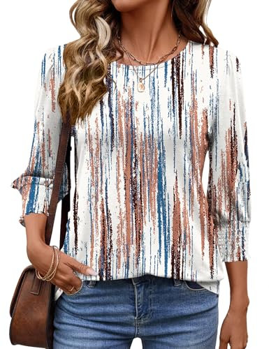 IECCP Women Tops 3/4 Sleeve Tunic Ladies Blouses Round Neck T Shirts Dressy Fashion Smocked Sleeve Shirts Clothes Blouses Tiedye M (UK 12-14)