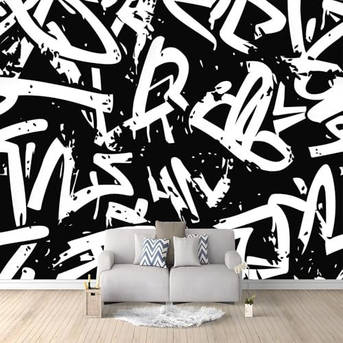 Papier Peint 3D Panoramique Texture de l'alphabet du street art graffiti 200 x 140 CM (L x H) Intissé Murale pour Salon Chambre Restaurant Couloir TV Fond Décor Mural, Noir et blanc