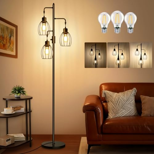 AmazeFan Floor Lamps for Living Room, 68 Dimmable Floor Lamp, 3 x 800LM LED Bulbs Included, Industrial Floor Lamp Standing Tree Lamp with Elegant Teardrop Cage Tall Lamps for Living Room Bedroom