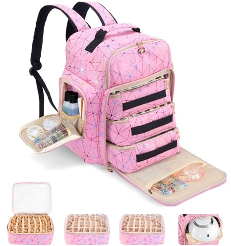 Hautton PU Leather Large Nail Polish Organizer Holds 126 Bottles -Pink | Extra Large Storage Bag with 3 individual drawers, Professional Lamp Supplies Nail Polish Travel Case Gift for Manicurist