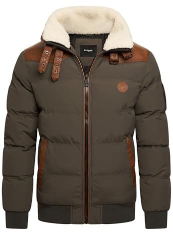 behype. Herren Winterjacke mit abnehmbarem Kunstfell in Schaf-Optik Kurze Steppjacke warme Outdoorjacke Jacket Puffer-Jacke Piloten-Stil