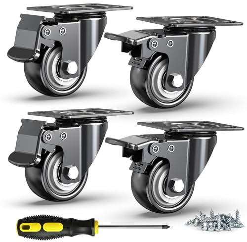 HOLKIE 2 Inch Heavy Duty PU Caster Wheels, 600lbs, Total Lock, Set of 4