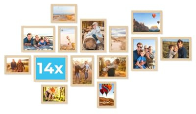 PHOTOLINI Bilderrahmen Set verschiedene Größen, Bilderwand Collage 14 Rahmen, Bilderrahmen-Set Natur Holz MDF zum Aufstellen & Aufhängen, Acrylglas, photo frames for wall 10x15, 13x18 & 15x20 cm