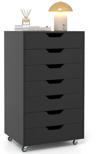 FANTASK Rollcontainer mit 7 Schubladen, mobiler Schubladenschrank Holz, Bürocontainer, Druckertisch für Schlafzimmer Arbeitszimmer Büro (Schwarz)
