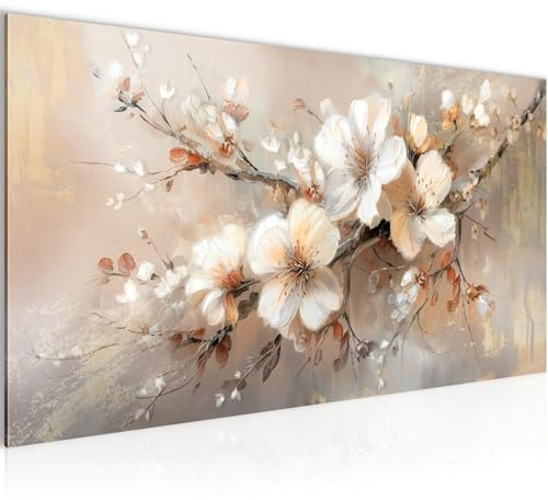 Runa Art Wandbild Blumen 100 x 40 cm Modern Bild auf Vlies Leinwand Beige Wohnzimmer Schlafzimmer Büro Blütenzweige 060912a