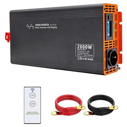 Auto Power Inverter Convertisseur Onduleur 2000W DC 12V/24V/36V Onde Sinusoïdale pour AC220V 50Hz Convertisseur Maison Camion Voiture avec USB Type C LCD