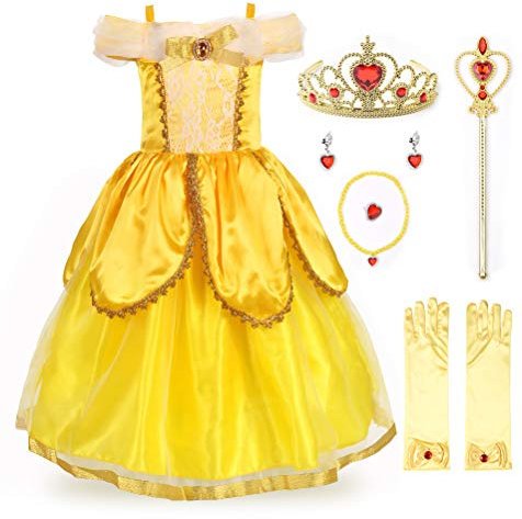 JerrisApparel Niña Princesa Belle Disfraz Tul Fiesta Trajes Vestido (6 años, Amarillo 2 con Accesorios)