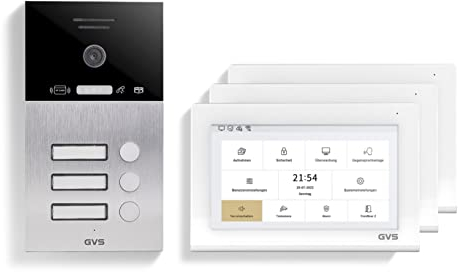 GVS - 3-Familienhaus IP Video Türsprechanlage AVS4460A - Mit 3x7 Zoll Monitor, App, HD-Kamera & Türöffner Funktion (RFID) - Türklingel | Sprechanlage | Gegensprechanlage