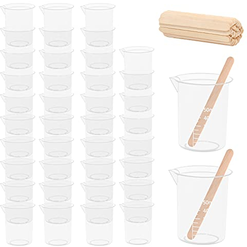 Belle Vous Lot de 80 Gobelet Doseur en Plastique Clair pour Résine Epoxy avec Bâtons en Bois - 50 ml Godet de Mélange Gradué Réutilisable - Art, Artisanat, Moulage, Peinture, Cuisine et Bricolage