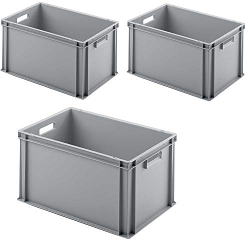 BRB 3x Euro-Stapelbehälter mit 2 Durchfassgriffen, LxBxH 600x400x320 mm, grau