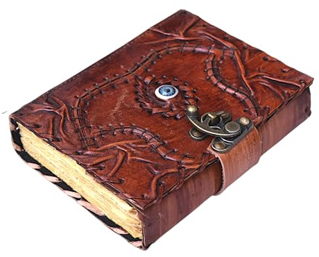 Vintage Leder-Tagebuch mit Büttenrand Papier Drittes Auge Grimoire Journal Antik Blanko Zauber Wicca Notizbuch Leder handgefertigt Horror Special Book of Shadows Daily Lock Clasp 17,8 x 12,7 cm