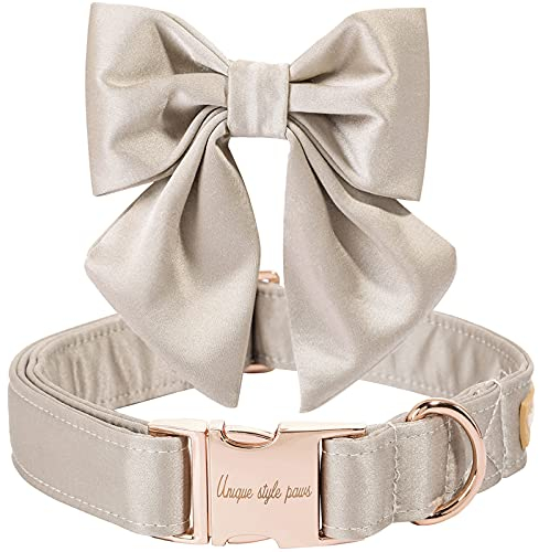 Unique style paws Hundehalsband aus Seide, einstellbar, langlebig, mit Schleife, Hochzeitsfliege, Halsband für sehr große Hunde, Größe M, Champagnerfarbe