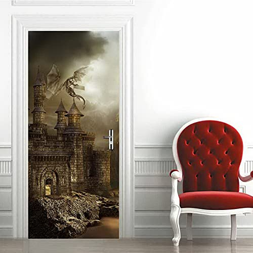 A.Monamour Türtapete Selbstklebend Türfolie Türposter 3D Fantasie Altes Schloss Mit Einem Fliegenden Drachen Abstrakte Kunst Vinyl Folie Türdeko Tapete Wandbild Türaufkleber Türtattoo 77 x 200 cm
