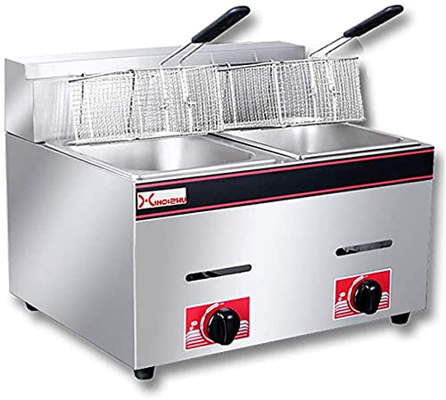 Deep Fryer Freidora Profunda de Gas Comercial, 20L Control Manual de Gran Capacidad de Dos Cilindros de 20L Papas Fritas y freidor de Palo de Masa con freidora de la Cesta Desmontable