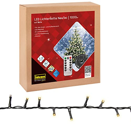 Idena 31115 - LED Lichterkette mit 1000 LEDs in Warmweiß, 8 Stunden Timer Funktion, Dimmer und Memory, mit Kabelaufroller, ca. 35 m lang, zum Basteln, als Party Deko, Weihnachtsdeko, zur Hochzeit