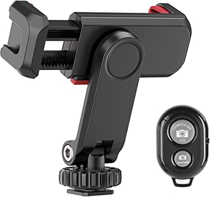 AFAITH Smartphone Tripod Adapter with Remote and Double Cold Shoe, 360° Rotatable Mobile Phone Mount Holder, Cellphone Clamp for Tripod Compatible with iPhone Samsung Huawei and Most Smartphone