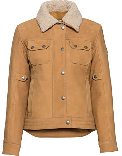 Spirit Motors Brave Ebony Damen Lederjacke - Butterweiches, robustes Leder, mit abnehmbarem Teddyfell-Kragen - Eleganter Satin Innenfutter Beige XL