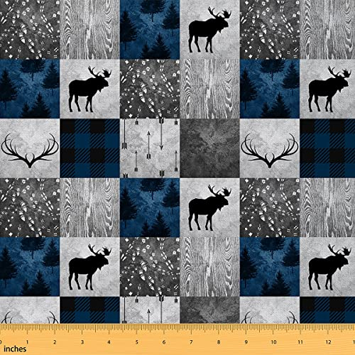 Bärenstoff Meterware Buffalo Plaid Check Polsterstoff Cabin Lodge Dekorationsstoff zum Quilten Nähen Wildtier Elchgeweih Weihnachten Hirsch Patchworkstoff Blau Grau 184 x 150 (HxB)