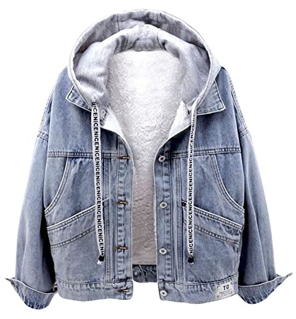 IQYU Giacca di jeans da donna elasticizzata, lunga con cappuccio, da donna, in pile, in denim, con cappuccio, da montagna, da motociclista, Blu, M