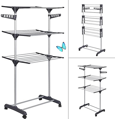 Etendoir à Linge Pliable Séchoir à vêtements Mobile Grand Séchoir à Linge Pliable à 3 Niveaux Peu encombrant Séchoir à Linge Séchoir à vêtements Tower Sèche Linge (72*56*152cm (Gris))