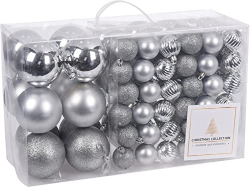 Seaside No.64 - Weihnachtskugeln 94 TLG. Set Silber - Christbaumschmuck Tannenbaumschmuck - Weihnachtsdeko Baumschmuck - Weihnachten Xmas Kunststoff - Dekoration Geschenkidee (Silber)