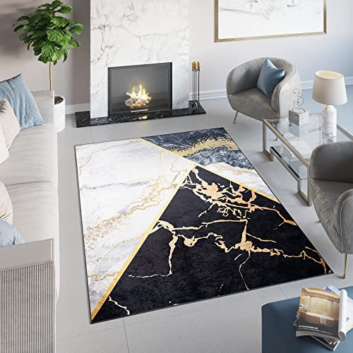 TAPISO Toscana Teppich Bedruckt Grau Dunkelblau Hell Marmor 80 x 150 cm | Waschbar Rutschfest Wohnzimmer Schlafzimmer Büro Modern Design