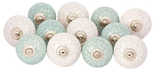 Shah Crafts. Green and White Premium Quality Assorted Designs Handmade Ceramic Door Knobs, Vintage, Shabby Chic, Interior Furniture, Cabinet Cupboard Wardrobe Drawers Pulls Handles (Pack of 20)