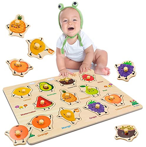 Govvay Wooden Peg Puzzles for 1 2 3 Year Olds, Educational Learning Kids Toys for Girls Boys Gifts, Birthday, Christmas, Easter and Children's Day (Fruit)