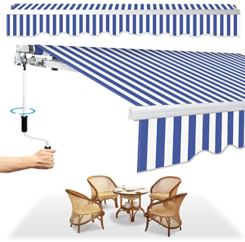 Herrselsam Gelenkarmmarkise Markise, 350x300cm Einziehbare Markise mit Handkurbel, Sonnenschutz Wasserschutz, Winkel einstellbar bis 30 Grad, Erfordert Montage inkl. Wandhalterung, Blau Weiß