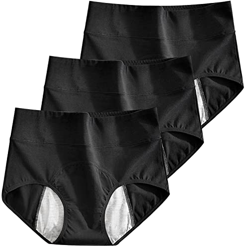 Avondii Perioden Unterwäsche High Waist 50s Baumwolle Menstruationsunterwäsche, Saugfähig, Waschbar, 3er Pack(schwarz, L)