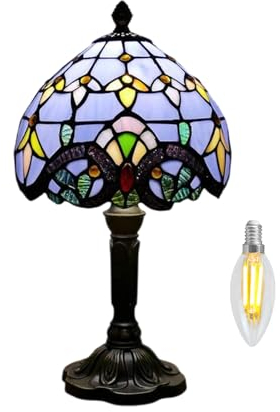 Kinbolas Tischlampe kleine im Tiffany Stil,Vintage Nachttischlampe,Schlafzimmer Deko Lampe,Jugendstil Tischleuchte,Blau Barock Buntglas Lampenschirm 20cm / 8 Zoll mit E14 LED Birne(HUAHAOBLK8-BLUE)