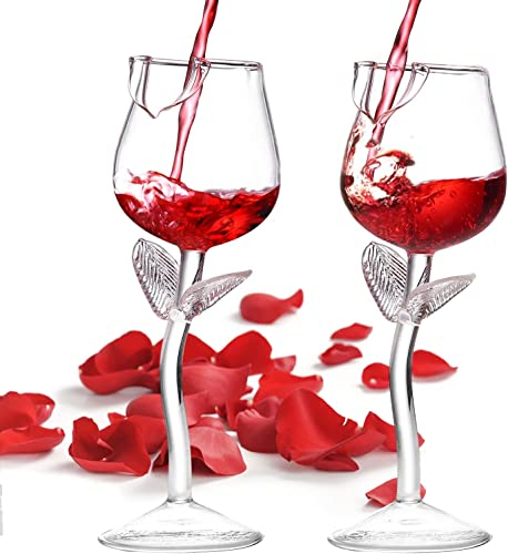 DDMMQS Lot de 2 Verres à Vin en Forme de Rose 180 ml - Créatifs pour Femme, Cocktail, Jus de Fruits - Convient pour Pendaison
