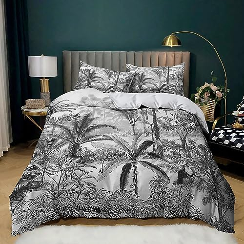 XCQHZYQ Tropisches Palmenblatt Bettwäsche-Sets 180x200 cm, Graue Palme Bettwäsche Weiche Mikrofaser Allergiker Dschungel Design 3 Teilig Bettbezug mit Reißverschluss für Teenager Erwachsene