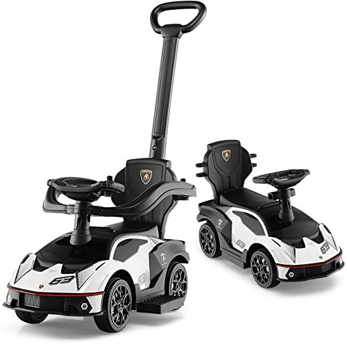 GYMAX 3 in 1 Kids Ride on Push Car, Licensed Lamborghini Push Along Car with Handle, Guardrails, Horn & Sound, Underneath Storage, Toddler Sliding Car for 1-3 Years Old Boys Girls (White)