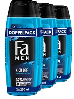 FA Gel douche 2 en 1 pour homme Kick Off - Lot de 2 (3 x 250 ml) - Formule 2 en 1 pour cheveux et corps - Activez vos sens avec le parfum intense et frais de masculin d'eucalyptus et de menthe