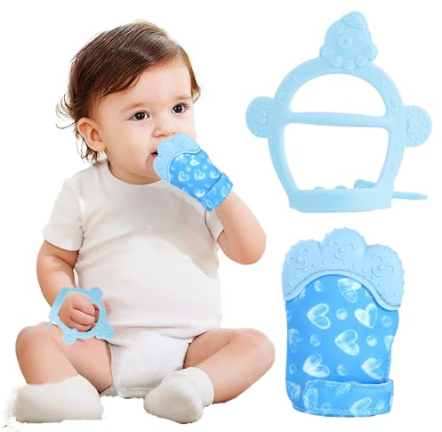 Teething Toys for Baby - Soothing Teething Mitten and Chew Toy Set - BPA Free Silicone Teethers, Adjustable Teething Mitt for Babies, Infant Pain Relief Teething Glove with Stimulating Rattle