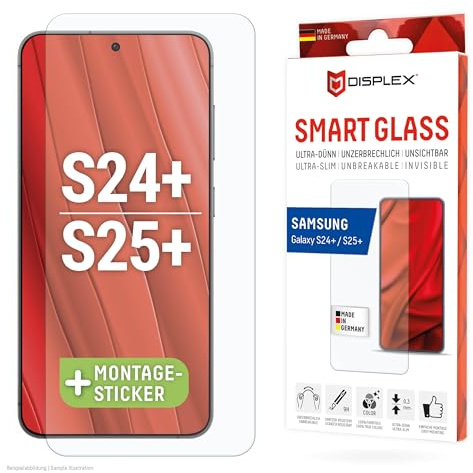 Schutzfolie mit Glasoberfläche für Galaxy S25+, S24+ (9H), Made in Germany | DISPLEX Smart Glass, unzerbrechlich, kratzfest, 9H Härte, ultra-dünn, kristallklar, mit Montagehilfe