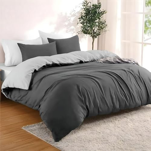 Dreamzie - Bettwäsche Set 260x240 cm mit 2 Kissenbezügen 65x65 cm Dunkelgrau/Hellgrau - 1 Bettbezug 260x240 aus 100% Mikrofaser - Zertifiziert ohne Chemikalien (Oeko TEX)