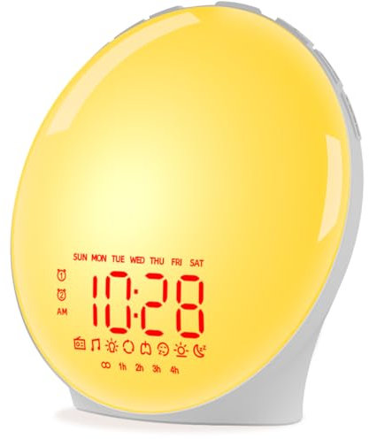 iEasy Wecker mit Aufwachlicht, Sonnenaufgangs-Simulation, Schlafhilfe, Dual-Alarme, FM-Radio, Schlummerfunktion, Nachtlicht, 13 Farben, 23 Schlafgeräusche, 28 integrierte Wecktöne, 32 Lautstärken,