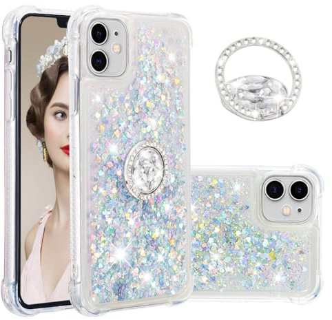 IMEIKONST iPhone 11 Glitter Case with Diamonds Ring Kickstand, Liquid Sparkle Sequin Transparent for Girls Women Silicone TPU Bumper Shockproof Cover for iPhone 11. Love Silver YBZ
