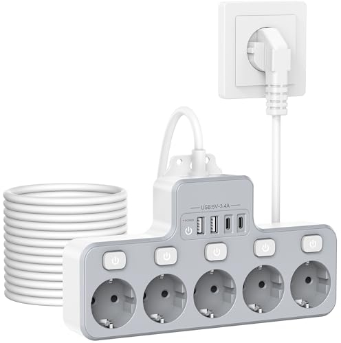 5 Fach Steckdosenleiste einzeln Schaltbar,Steckdosenleiste mit USB C,Steckdosenleiste Flachstecker, Mehrfachsteckdose mit Schalter, Mehrfachstecker Wandmontage für Küche Wohnzimmer,2M Kabel,Weiß