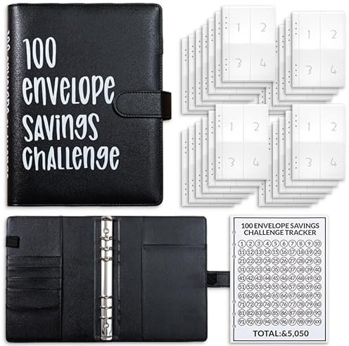 PZJFH Planificateur de Budget et Classeur d'Économie, 100 Enveloppes A5, Portefeuille Budgétaire, 100 Jours pour Économiser 5050 (Noir)