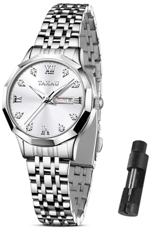 Taxau Uhren Frauen Silber Klassische Edelstahluhren für Frauen Kleid Diamant Römische Uhren für wasserdichte Analog Quarz Damenuhren Reloj para Mujer