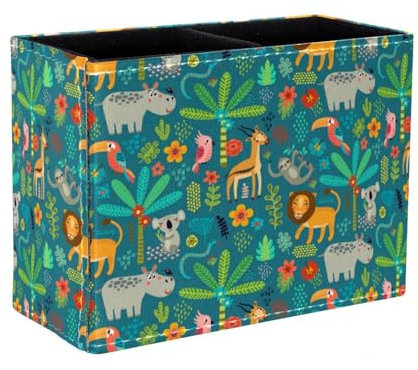 Eslifey Pen Holder Square Pencil Holder for Desk, Jungle Animals Plants Pattern Pen Pot Pen Cup Makeup Brushes Holder Stand Display Desk Stationery Organiser for Home Office School
