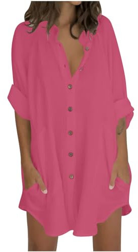 Keepink Womens Tops Oversized Cotton Linen Button Up Shirts Summer Casual Blouse Roll-Up Sleeve Tops Extra Long Top with Pockets Hawaii Beach Cover Up Ladies Clothes