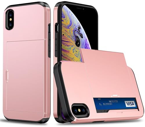 Beajew Handyhülle für iPhone X/iPhone XS Case Silikon, mit Kartenfach Silikon TPU Handyhülle Dünn Weiche Stoßfest Flexibel Handy Tasche Bumper Brieftasche Case, Roségold
