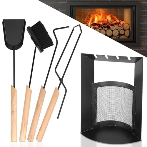 ISOISL Set di posate per camino, 4 pezzi, set di posate per camino, con scopa, pala, gancio in ferro, pinza antincendio, supporto, posate da forno, accessori per camino con manico in legno e panno